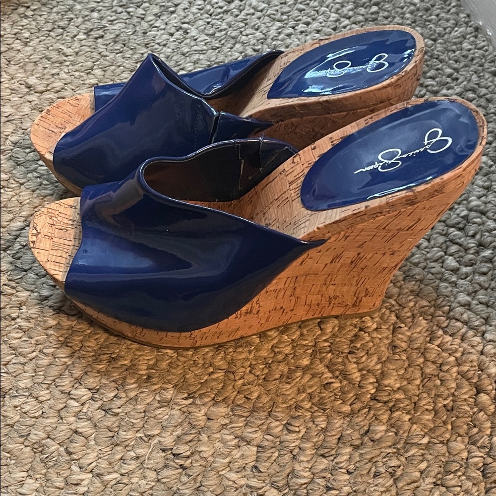 Jessica Simpson Blue Patent Cork Wedge Slides